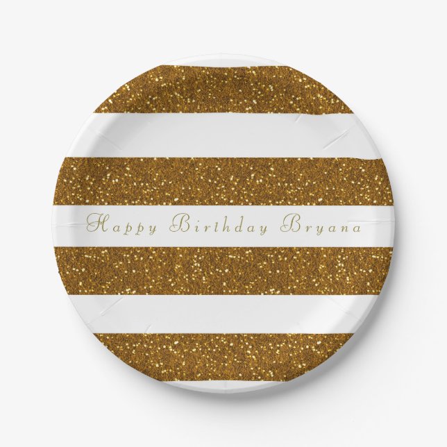 Gold Glitter & White Stripes Chic Party Plates (Front)