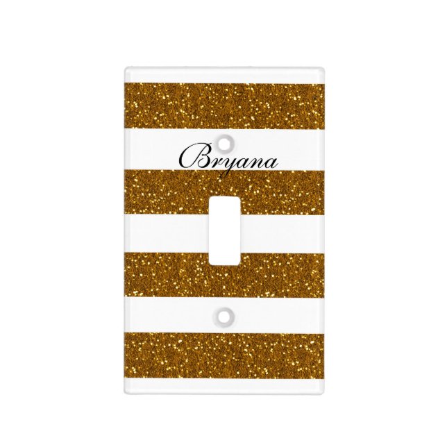 Gold Glitter & White Stripes Light Switch Cover (Front)