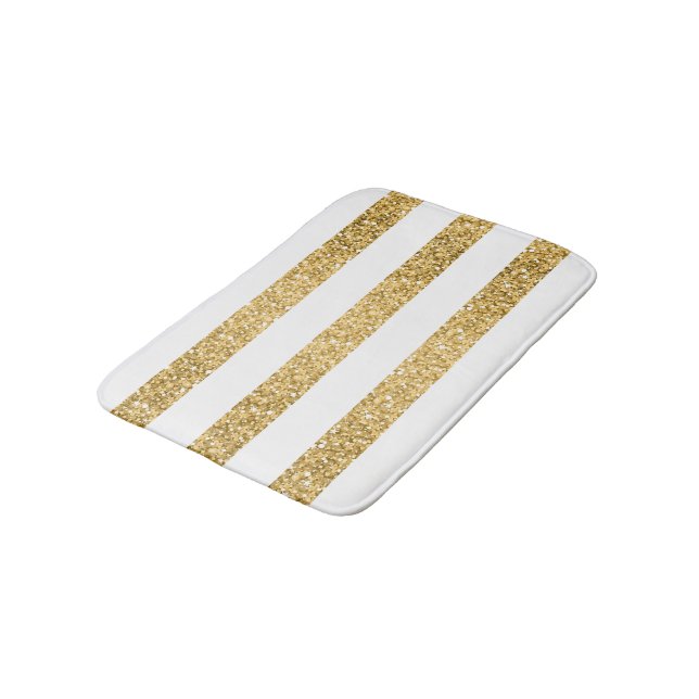 Gold Glitter White Stripes Pattern Bathroom Mat (Angled)