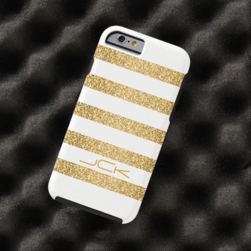 Gold Glitter White Stripes Pattern Monogram Tough iPhone 6 Case