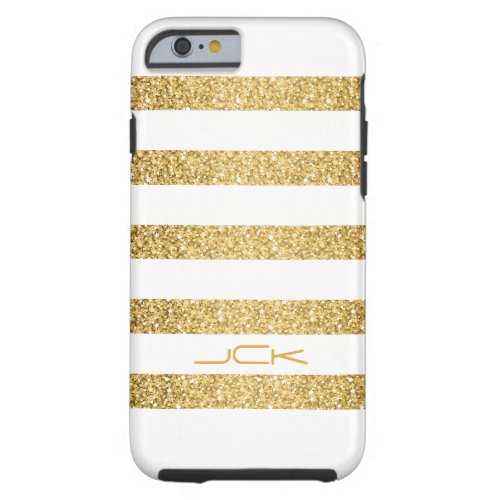 Gold Glitter White Stripes Pattern Monogram Tough iPhone 6 Case