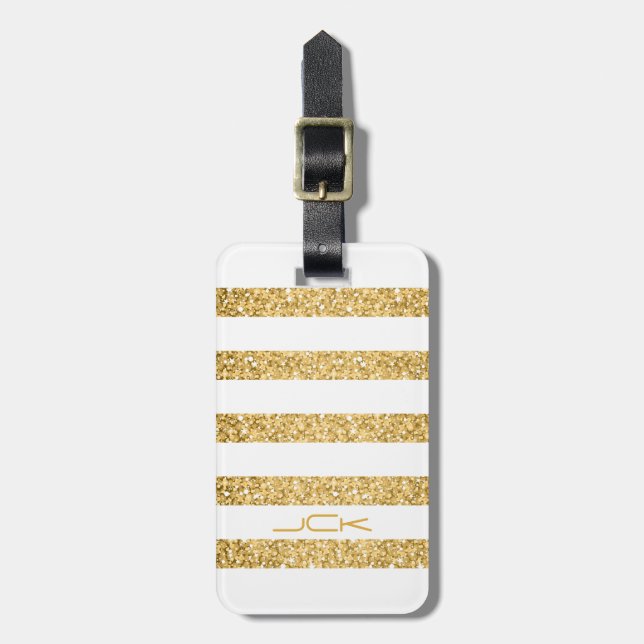 Gold Glitter White Stripes Pattern Monogram Luggage Tag (Front Vertical)