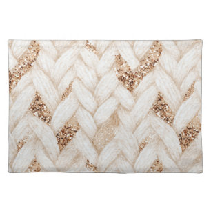 Gold Glitter White Woven Faux Fabric   Cloth Placemat