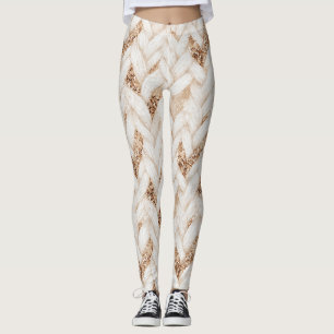Gold Glitter White Woven Faux Fabric   Leggings