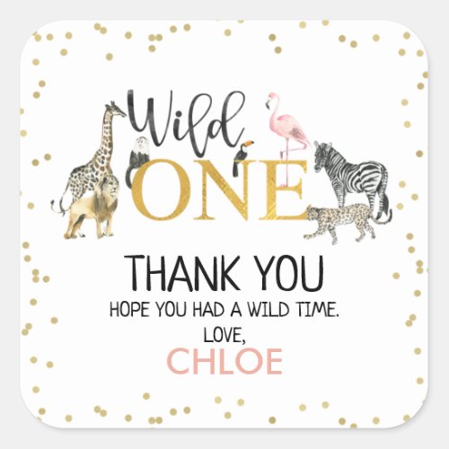 Gold Glitter Wild One Safari Birthday Thank You Square Sticker