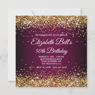 Gold Glitter Wine Dark Ombre 50th Birthday Invitation