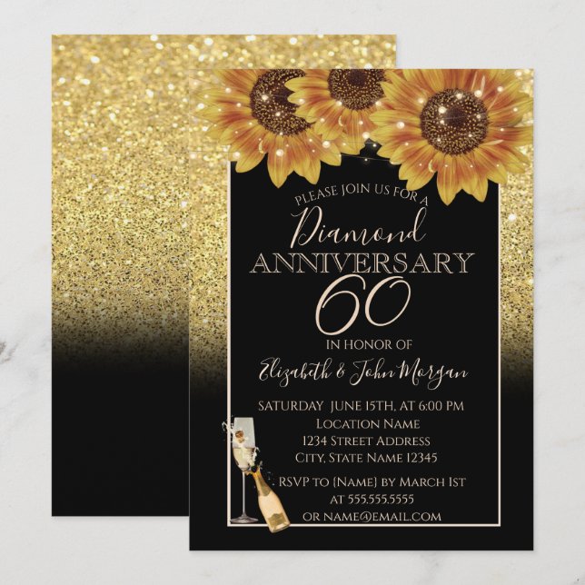 Gold Glitter,Wine,Glass, Sunflowers Anniversary Invitation (Front/Back)