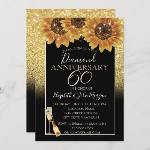 Gold GlitterWineGlass Sunflowers Anniversary Invitation