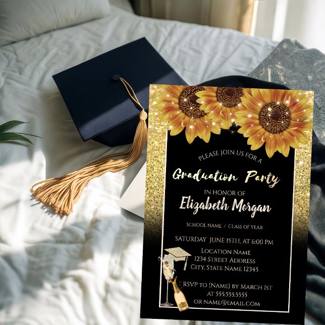 Gold Glitter,Wine,Glass, Sunflowers Invitation (Creator Uploaded)