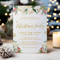 Gold Glitter Winter Floral Berries Christmas Party Invitation