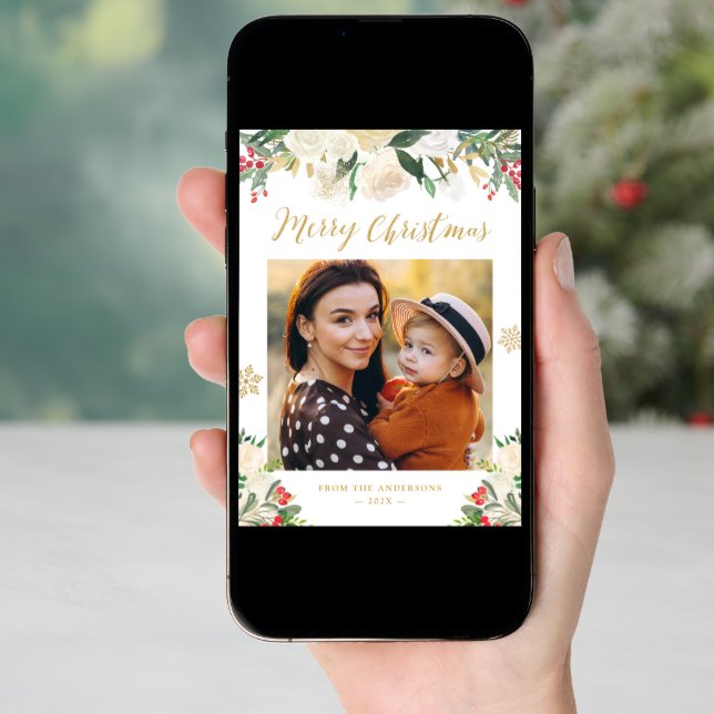Gold Glitter Winter Floral Merry Christmas Photo Holiday Card (Front Digital)