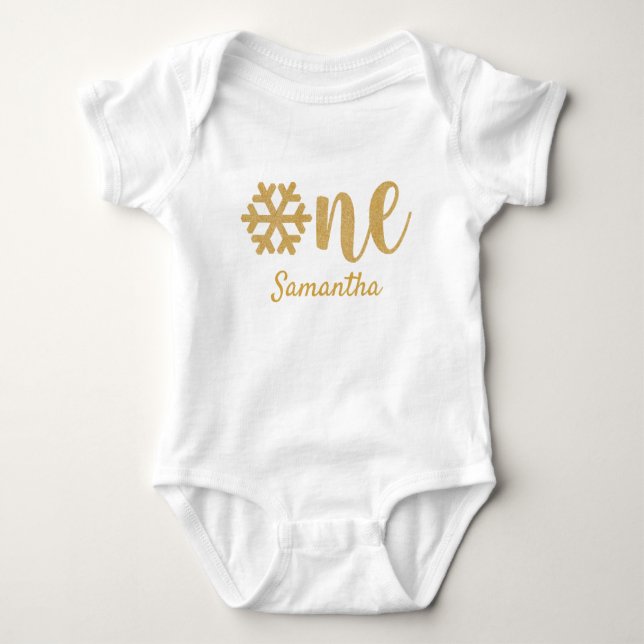 Gold Glitter Winter Snowflake First Birthday Baby Bodysuit (Front)