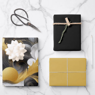 Gold Glitter with Black Abstract Wrapping Paper Sheets