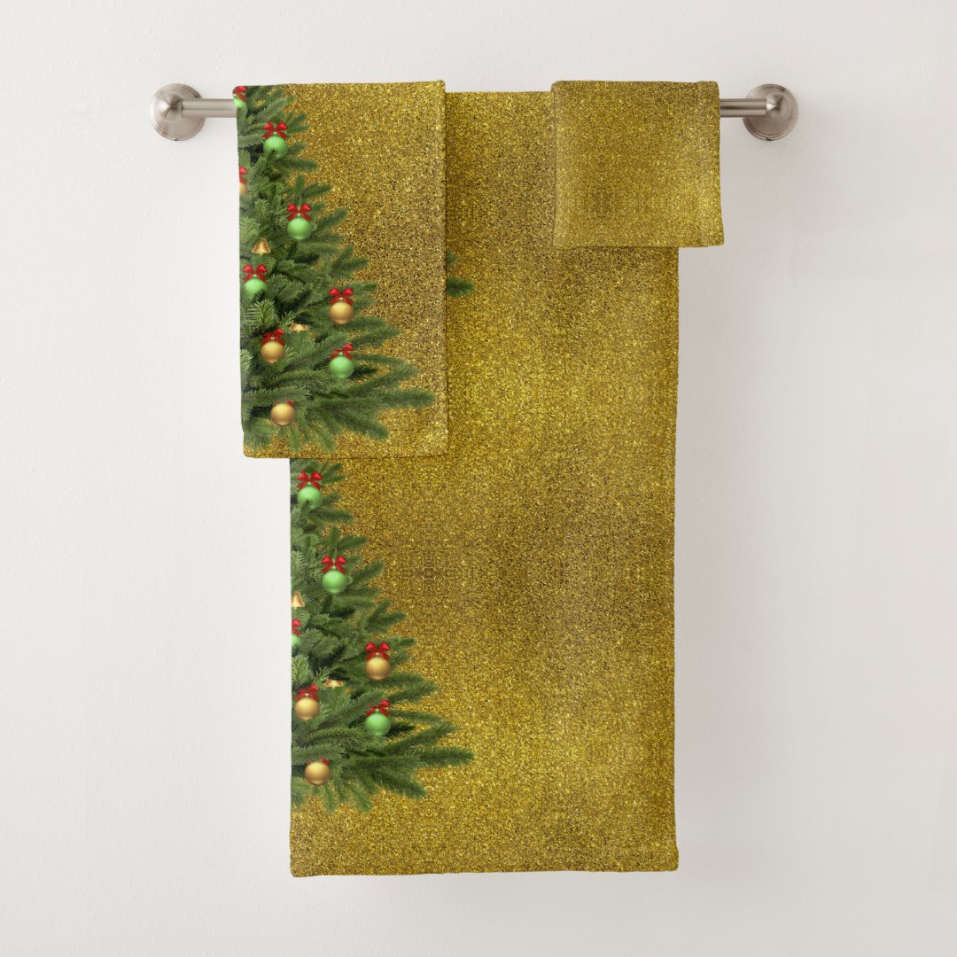 Gold Glitter with Christmas Tree Bath Towel Set Zazzle