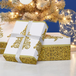 Gold Glitter with Filigree Christmas Tree Wrapping Paper