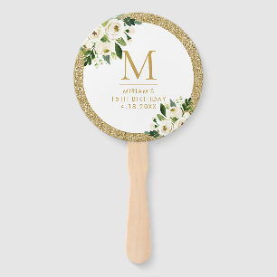Gold Glitter with White Flowers Birthday Hand Fan