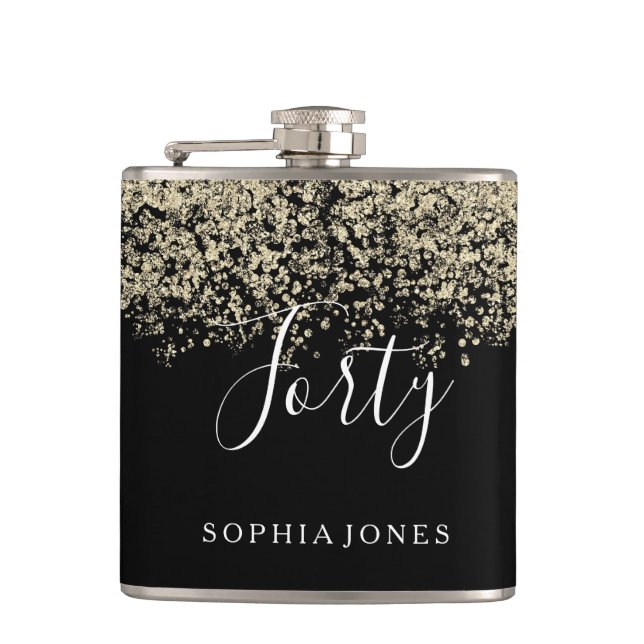 Gold Glitter Womans Mens 40th Birthday Party Gift Flask (Front)