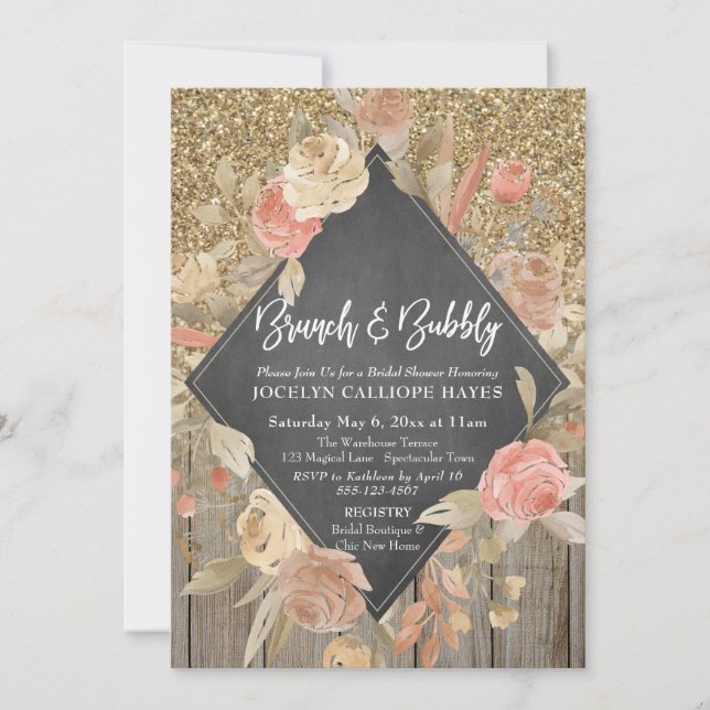 Gold Glitter Wood Floral Chalkboard Brunch Bubbly Invitation (Front)