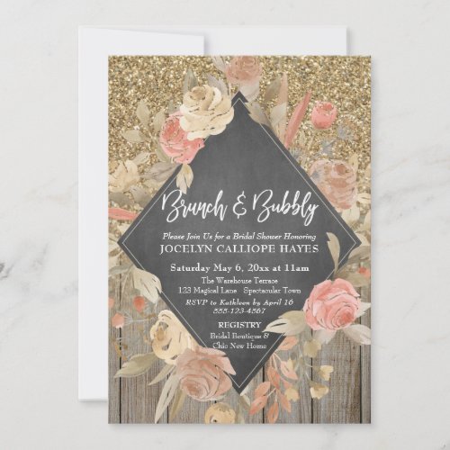 Gold Glitter Wood Floral Chalkboard Brunch Bubbly Invitation