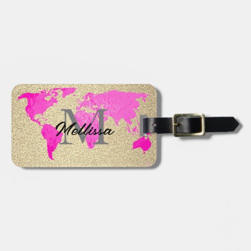Gold Glitter World Map Monograms Traveler Pink Luggage Tag