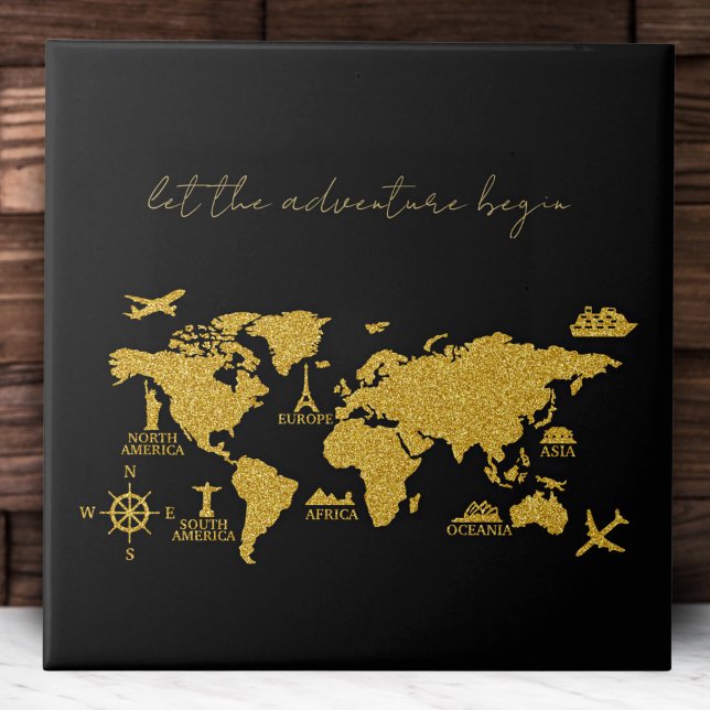 Gold Glitter World Map on Black Elegant Adventure Ceramic Tile (Creator Uploaded)