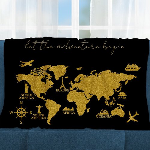 Gold Glitter World Map on Black Elegant Adventure Fleece Blanket