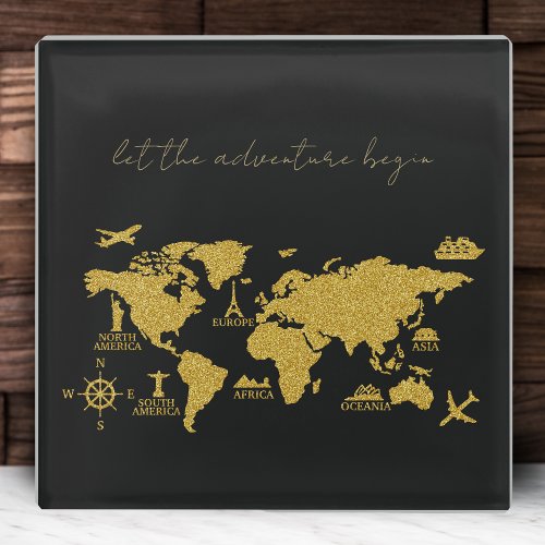 Gold Glitter World Map on Black Elegant Adventure Glass Coaster