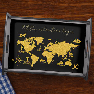 Gold Glitter World Map on Black Elegant Adventure Serving Tray