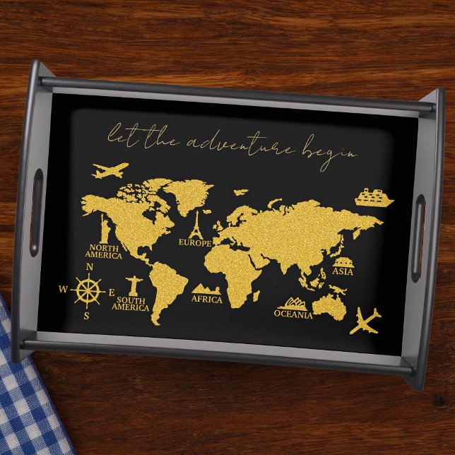 Gold Glitter World Map on Black Elegant Adventure Serving Tray (Creator Uploaded)