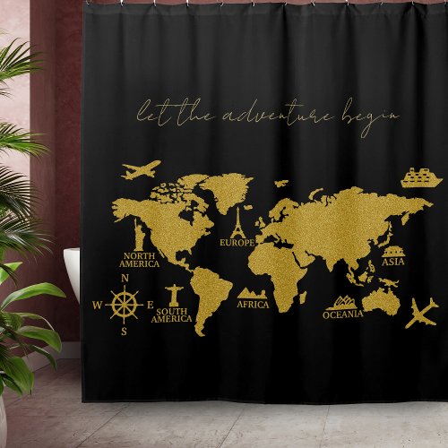 Gold Glitter World Map on Black Elegant Adventure Shower Curtain