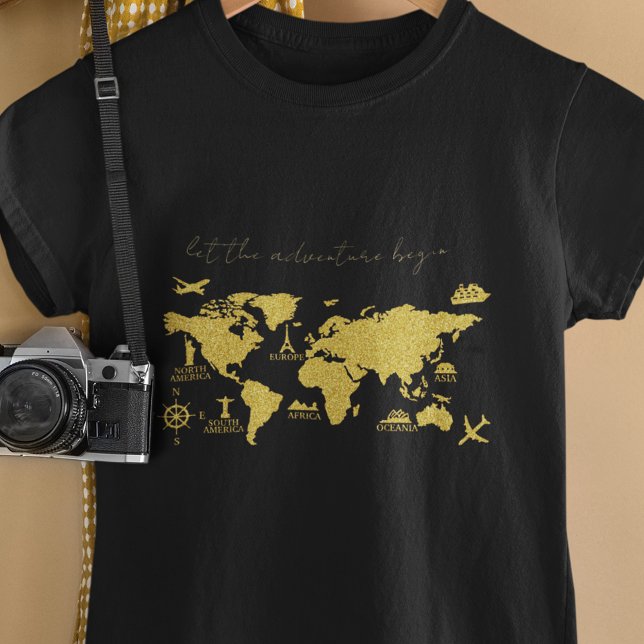 Gold Glitter World Map on Black Elegant Adventure T-Shirt (Creator Uploaded)