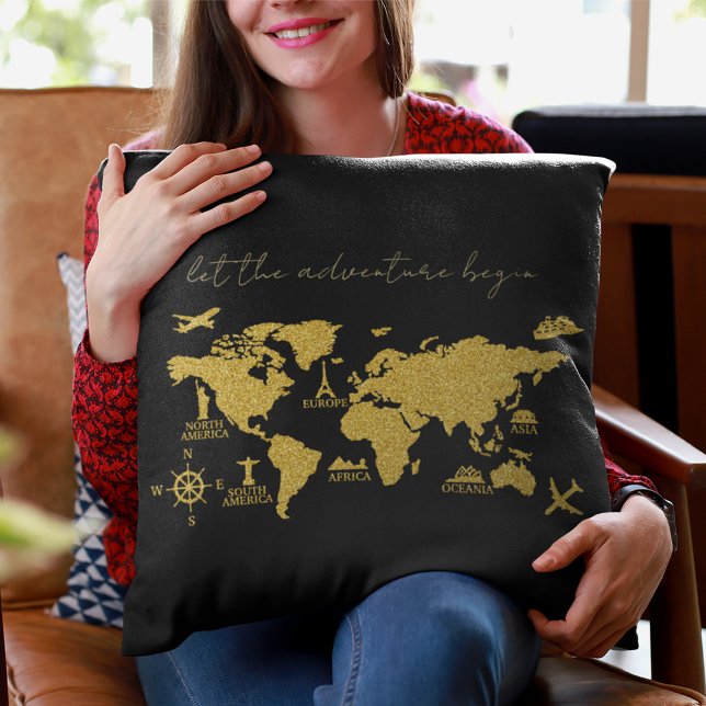 Gold Glitter World Map on Black Elegant Adventure Throw Pillow (Creator Uploaded)