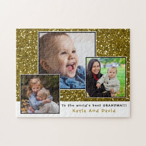Gold Glitter Worlds Best Grandma Photo Collage Jigsaw Puzzle