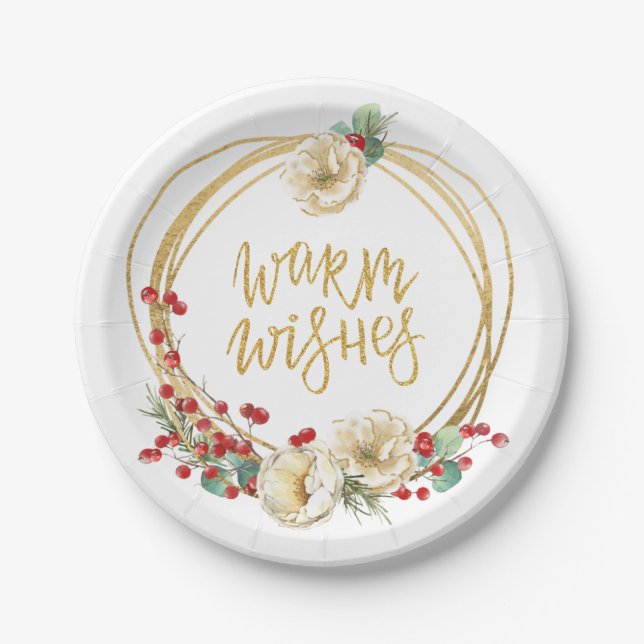 Gold Glitter Wreath with Magnolia and Berries Paper Plates (Front)