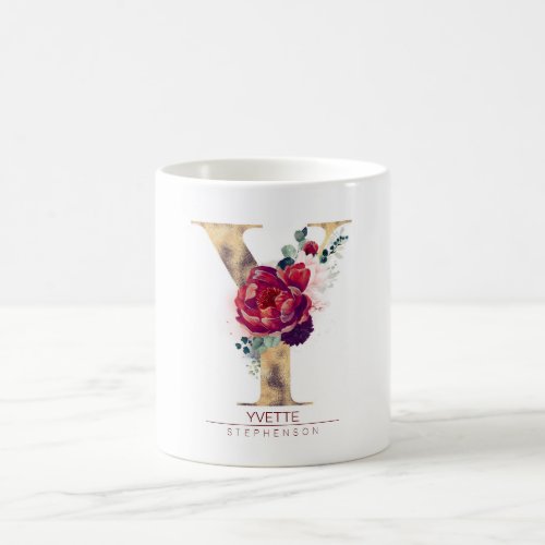 Gold Glitter Y Monogram Floral Burgundy Red Coffee Mug