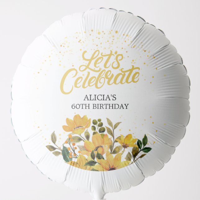 Gold Glitter Yellow Floral Birthday Balloon (Front)