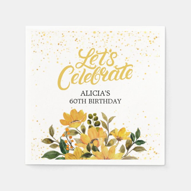 Gold Glitter Yellow Floral Birthday Napkins (Front)