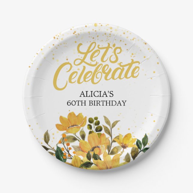 Gold Glitter Yellow Floral Birthday Paper Plates (Front)