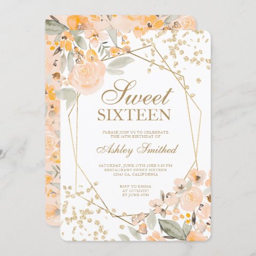 Gold glitter yellow floral watercolor Sweet 16 Invitation
