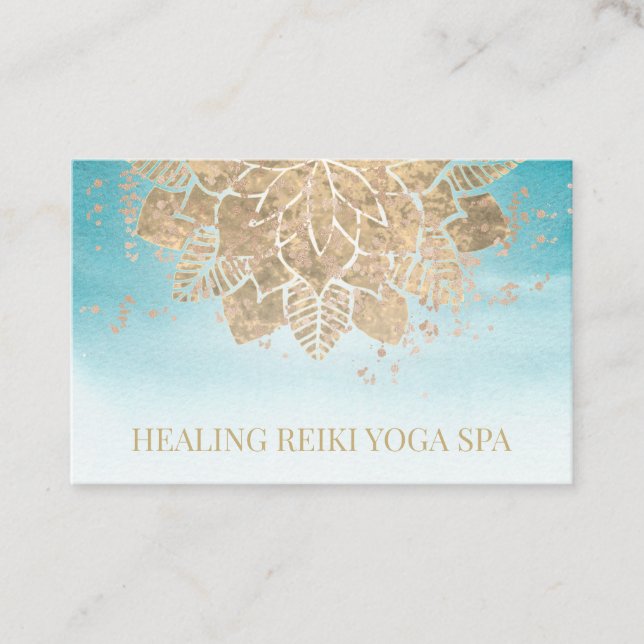 *~* Gold Glitter Yoga Spiritual Reiki Mandala Teal Business Card (Front)