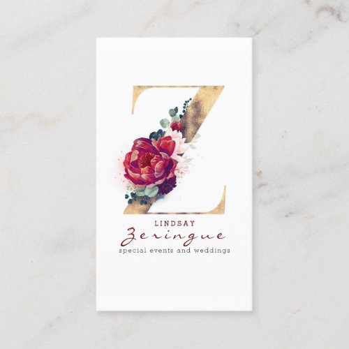 Gold Glitter Z Monogram Burgundy Red Floral Business Card