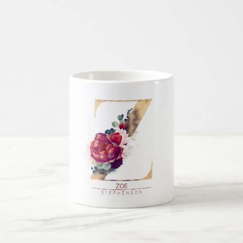 Gold Glitter Z Monogram Floral Burgundy Red Coffee Mug