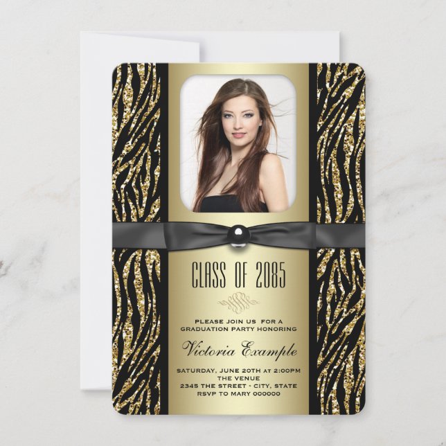 Gold Glitter Zebra Graduation Announcement (Front)