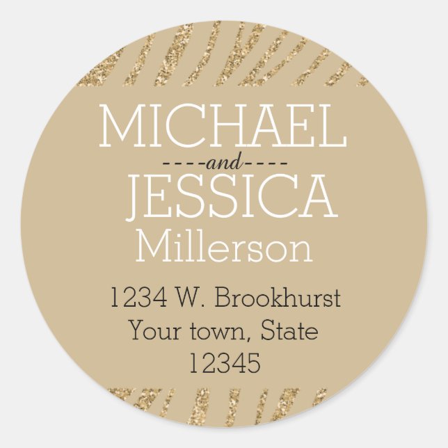 Gold Glitter Zebra Personalized address Classic Round Sticker (Front)