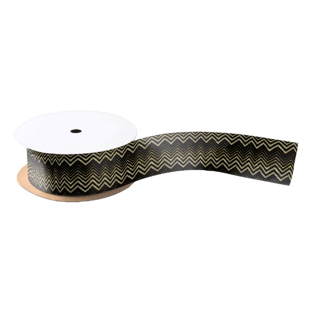 Gold Glitter & Zigzag Chevron Pattern Satin Ribbon (Spool)