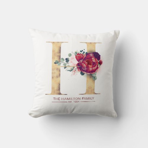 Gold Glittered and Burgundy Red Floral H Monogram Throw Pillow