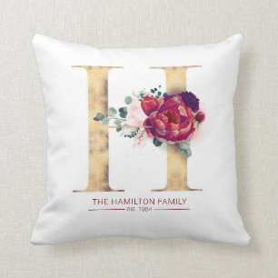 Gold Glittered and Burgundy Red Floral H Monogram Throw Pillow