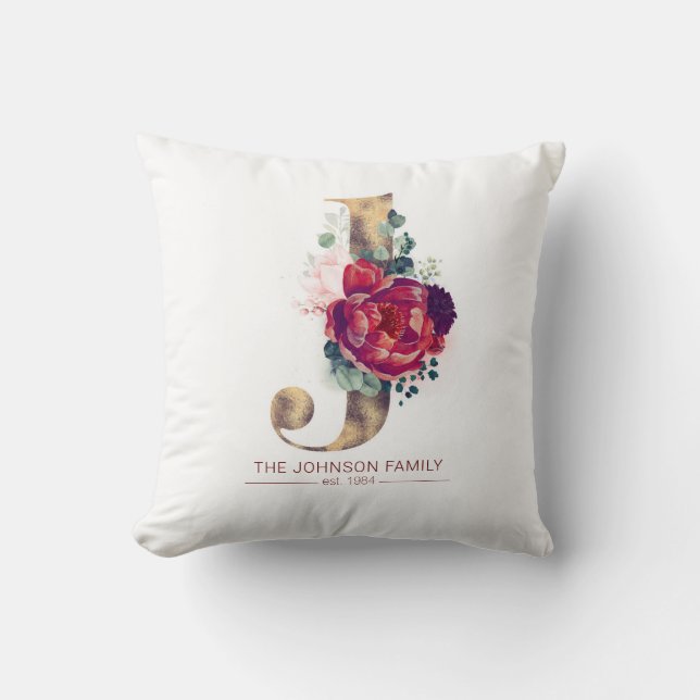 Gold Glittered J Monogram Floral Burgundy Red Throw Pillow (Front)