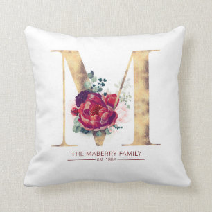 Gold Glittered M Monogram Floral Burgundy Red Throw Pillow