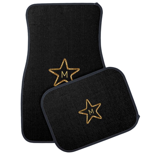 Gold Glittering Star on Black Monogrammed Car Floor Mat (Set)